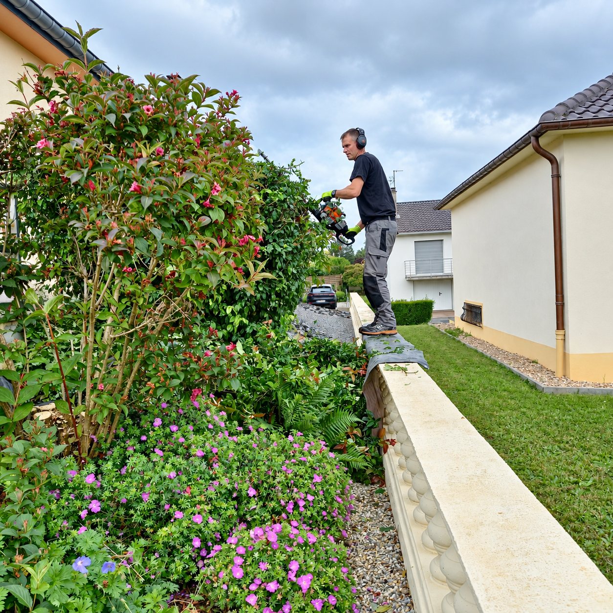 Un jardinier muni d'un casque antibruit et d'un taille-haie se tient sur un muret et entretient une haie à côté de massifs de fleurs roses, devant des maisons.