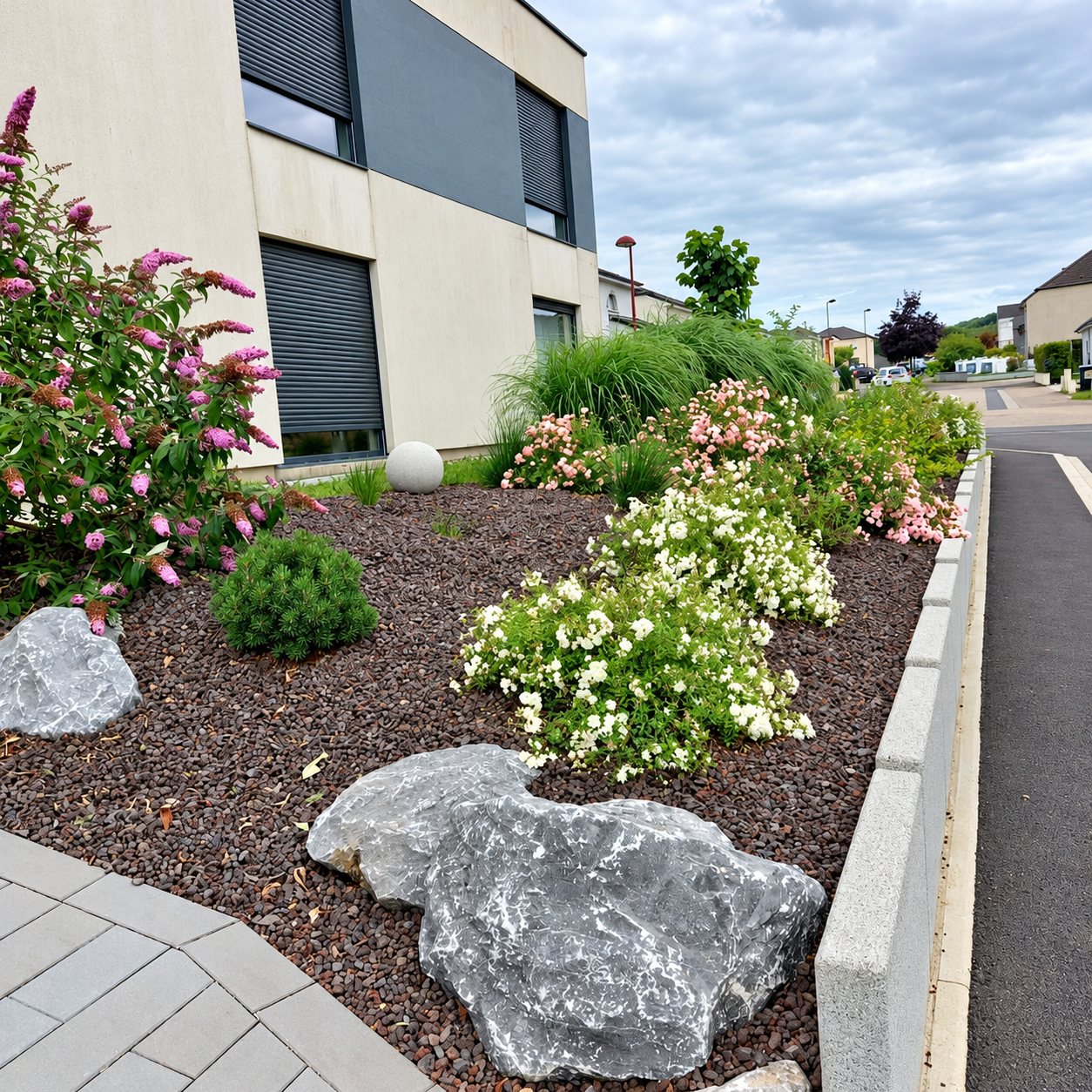 Un massif paysager aux buddleias roses, rosiers blancs et graminées, décoré de gros rochers et de gravier rouge, longe une maison moderne et une route.