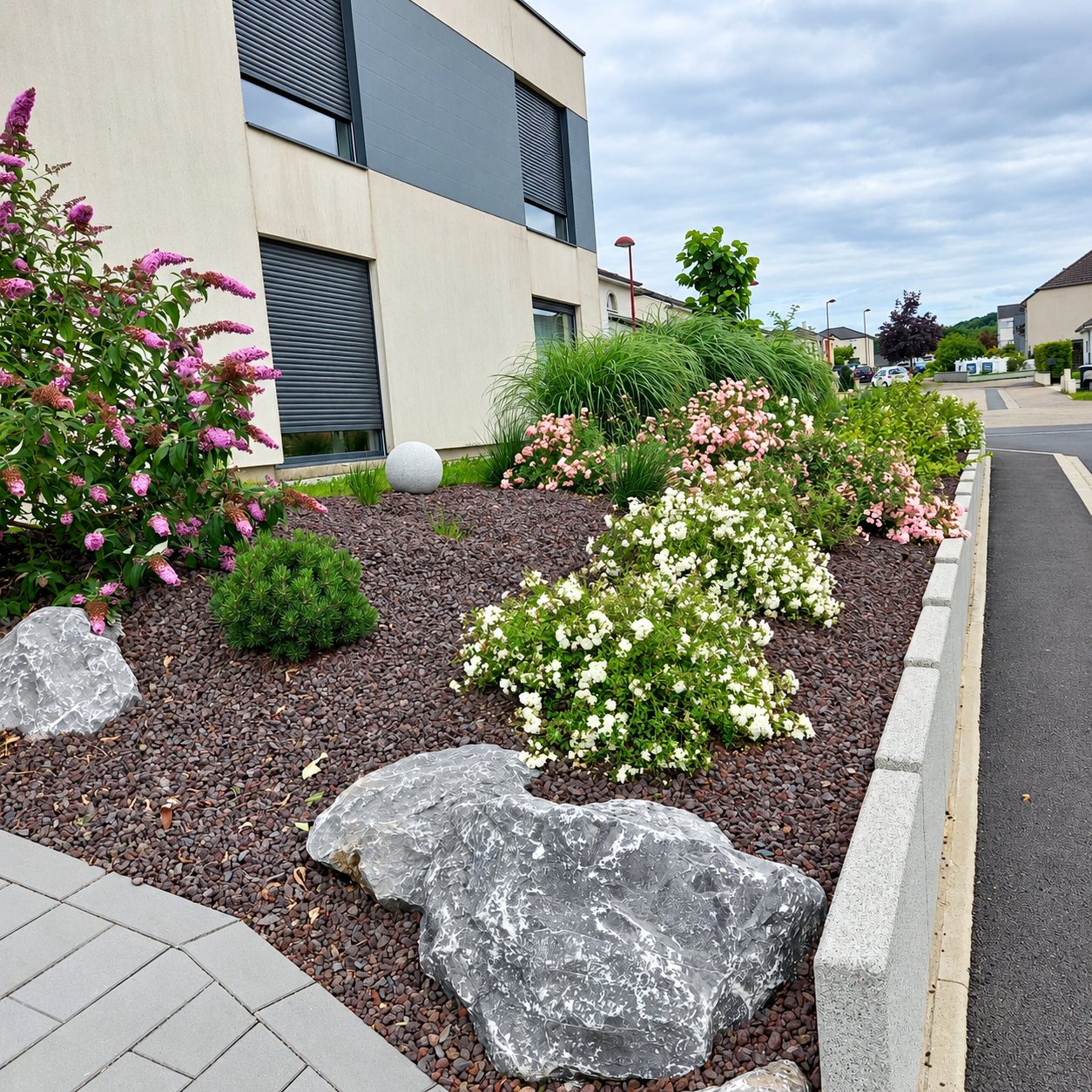 Massif de jardin aménagé avec de gros rochers gris, du gravier de lave rouge, des arbustes à fleurs roses et blanches et des graminées, bordé d'une bordure en béton le long d'une rue résidentielle.