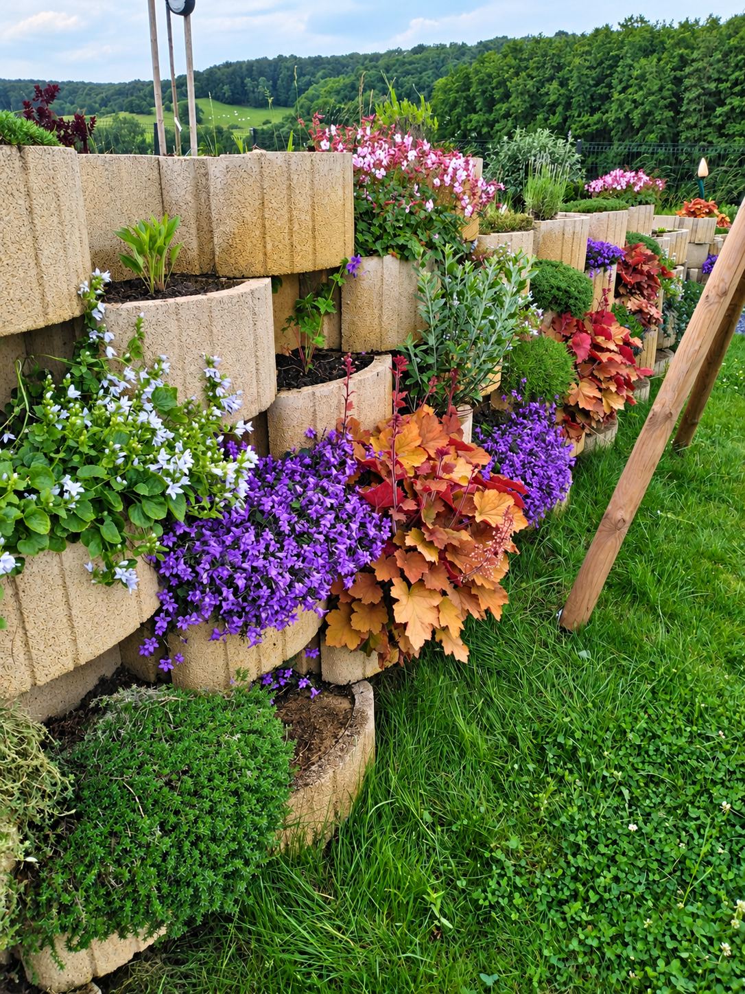 Un muret de jardin en gradins de pierre claire, garni de campanules violettes et blanches et de heuchères orangées, devant une pelouse et des collines boisées.